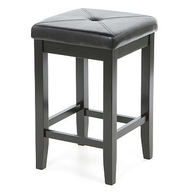 Set Of 2 - Black Bar Stools 24-inch High With Cushion Faux Leather Seat