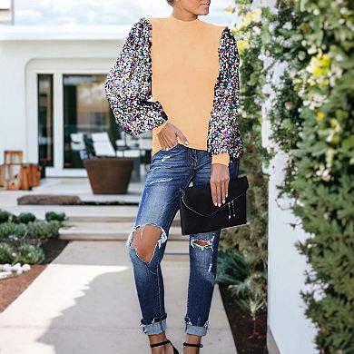 Women's Sequin Puffed Long Sleeve Mock Neck Pullover