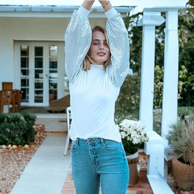 Women's Sequin Puffed Long Sleeve Mock Neck Pullover