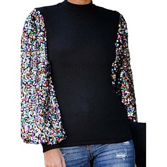 Women's Sequin Puffed Long Sleeve Mock Neck Pullover