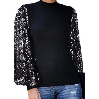 Women's Sequin Puffed Long Sleeve Mock Neck Pullover