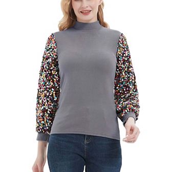 Women's Sequin Puffed Long Sleeve Mock Neck Pullover