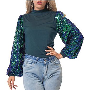 Women's Sequin Puffed Long Sleeve Mock Neck Pullover