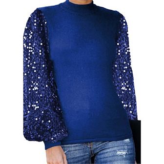 Women's Sequin Puffed Long Sleeve Mock Neck Pullover