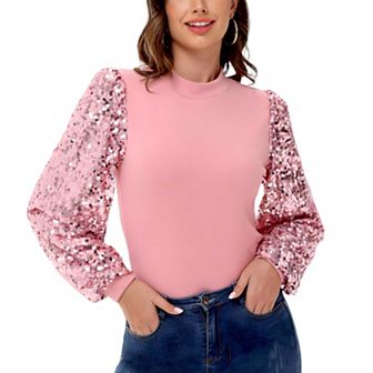 Women's Sequin Puffed Long Sleeve Mock Neck Pullover