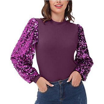 Women's Sequin Puffed Long Sleeve Mock Neck Pullover