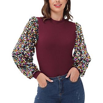 Women's Sequin Puffed Long Sleeve Mock Neck Pullover