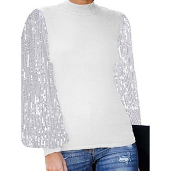Women's Sequin Puffed Long Sleeve Mock Neck Pullover