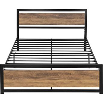Full Metal Platform Bed Frame With Brown Wood Panel Headboard And Footboard