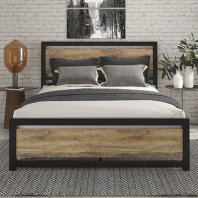 Full Metal Platform Bed Frame With Brown Wood Panel Headboard And Footboard