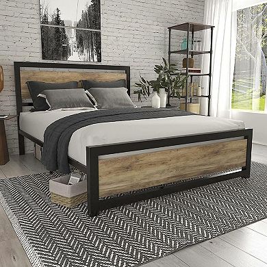 Full Metal Platform Bed Frame With Brown Wood Panel Headboard And Footboard