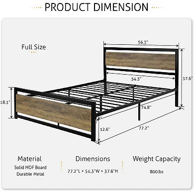 Full Metal Platform Bed Frame With Brown Wood Panel Headboard And Footboard