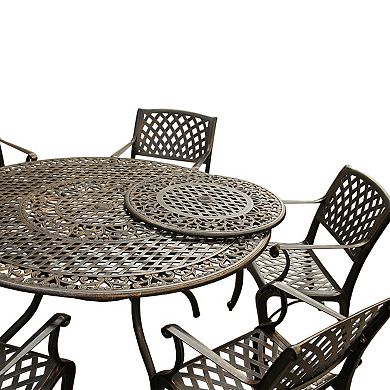 And Modern Outdoor Aluminum 59 Inch Bronze Round Dining Set With Lazy Susan And Six Chairs
