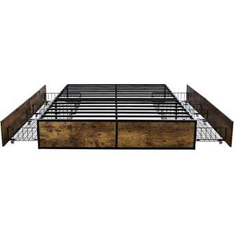 Full Metal Wood Platform Bed Frame With 4 Storage Drawers - 600 Lbs Max Weight