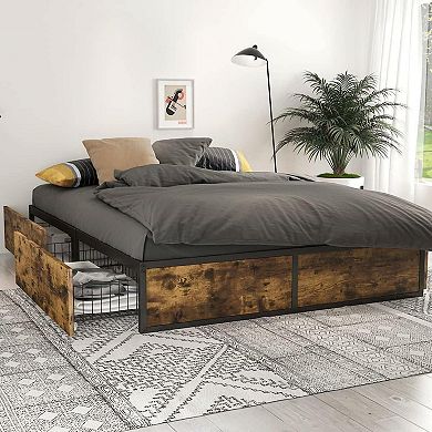 Full Metal Wood Platform Bed Frame With 4 Storage Drawers - 600 Lbs Max Weight