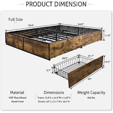 Full Metal Wood Platform Bed Frame With 4 Storage Drawers - 600 Lbs Max Weight