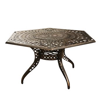 Modern Outdoor Aluminum 63 Inch Bronze Hexagon Dining Table With Lazy Susan