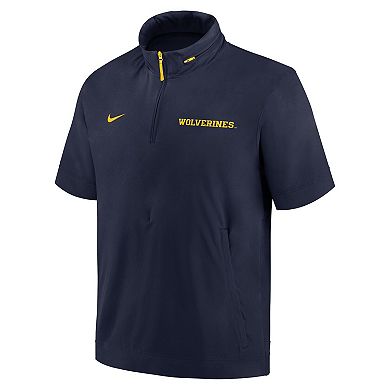 Men's Nike Navy Michigan Wolverines 2024 Sideline Coach Short Sleeve Half-Zip Hoodie Jacket