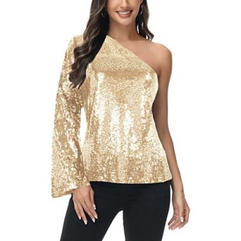 Women's One Shoulder Long Sleeve Sequin Party Top