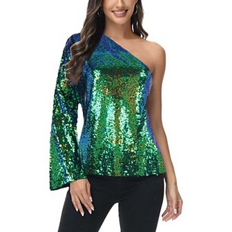 Women's One Shoulder Long Sleeve Sequin Party Top