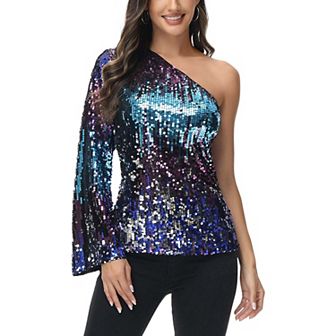 Women's One Shoulder Long Sleeve Sequin Party Top