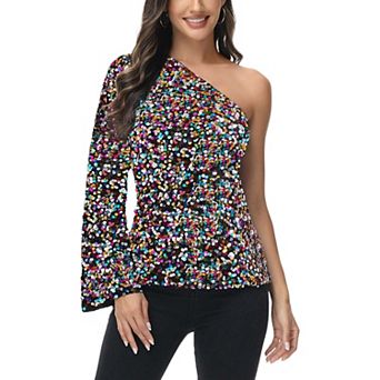 Women's One Shoulder Long Sleeve Sequin Party Top