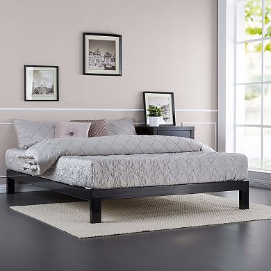 Full Size Contemporary Black Metal Platform Bed With Wooden Mattress Support Slats