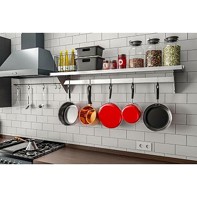 60-Inch Stainless Steel Wall Shelf with Pot Rack and Removable Hooks for Kitchen Storage, Silver