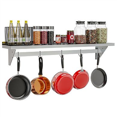 60-Inch Stainless Steel Wall Shelf with Pot Rack and Removable Hooks for Kitchen Storage, Silver