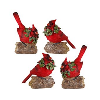 Perched Cardinal Bird On Log With Holly Wreath Accent (set Of 2)