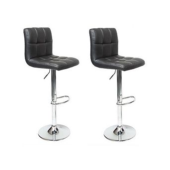 Set Of 2 - Adjustable Height Bar Stool With Black Faux Leather Cushion Seat