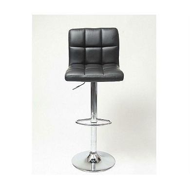 Set Of 2 - Adjustable Height Bar Stool With Black Faux Leather Cushion Seat