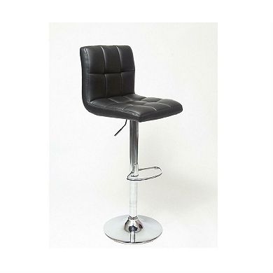 Set Of 2 - Adjustable Height Bar Stool With Black Faux Leather Cushion Seat