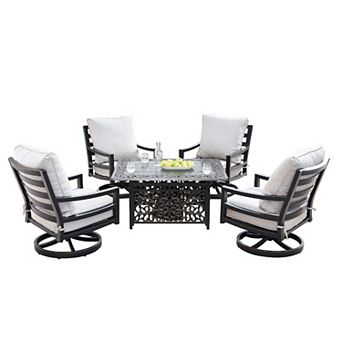 Outdoor Aluminum 48 in Rectangular Fire Table Set, 4 Deep Seating Swivel Rocking Chairs, Accessories
