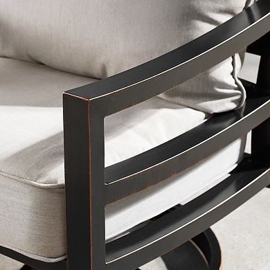 Outdoor Aluminum 48 In Rectangular Fire Table Set, 4 Deep Seating Swivel Rocking Chairs, Accessories