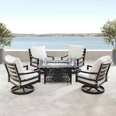 Outdoor Aluminum 48 In Rectangular Fire Table Set, 4 Deep Seating Swivel Rocking Chairs, Accessories