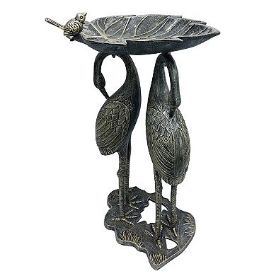 Cast Alumum 30- Tw Crane Silver Gold Bird Bath With Leaf Bowl