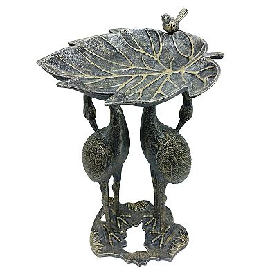 Cast Alumum 30- Tw Crane Silver Gold Bird Bath With Leaf Bowl