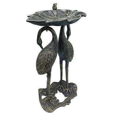 Cast Alumum 30- Tw Crane Silver Gold Bird Bath With Leaf Bowl