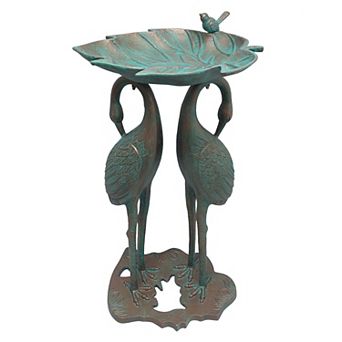 Cast Alumum 30- Tw Crane Silver Gold Bird Bath With Leaf Bowl