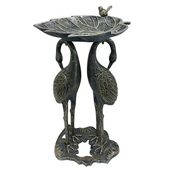 Cast Alumum 30- Tw Crane Silver Gold Bird Bath With Leaf Bowl