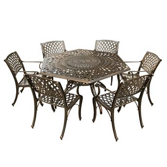 Modern Outdoor Aluminum 63 Inch Bronze Hexagon Dining Set With Lazy Susan And Six Chairs