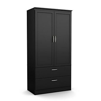 Modern Two Door Wardrobe Armoire With Two Drawers And Hanging Rod Storage, Black