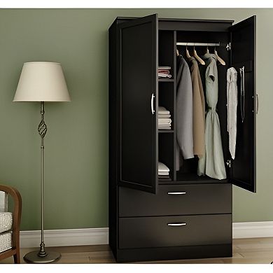 Modern Black Wardrobe Closet Cabinet with Shelves Hanging Rail and Drawers, 35.3 inches