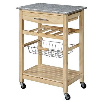 Mobile Kitchen Island Cart, Granite Top, Pull-Out Basket, Drawer, and Wine Rack, Natural, 33.9" H