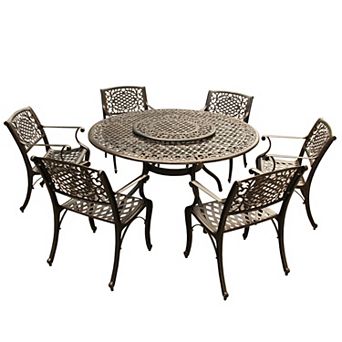 Outdoor Aluminum 59 Inch Bronze Round Dining Set With Lazy Susan And Six Chairs