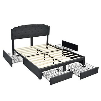 Full Size Grey Linen Adjustable Headboard 4 Drawer Storage Platform Bed