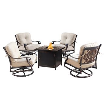 Outdoor Aluminum 32 in Square Fire Table Set With 4 Deep Seating Swivel Rocking Chairs, Accessories