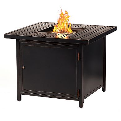 Outdoor Aluminum 32 In. Square Fire Table Set With 4 Deep Seating Swivel Rocking Chairs, Accessories