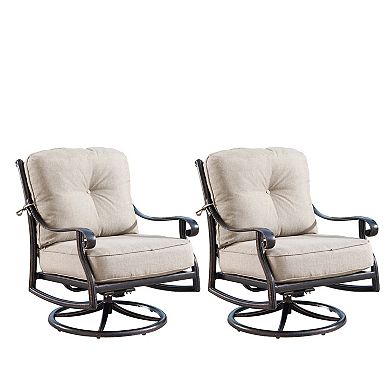 Outdoor Aluminum 32 In. Square Fire Table Set With 4 Deep Seating Swivel Rocking Chairs, Accessories